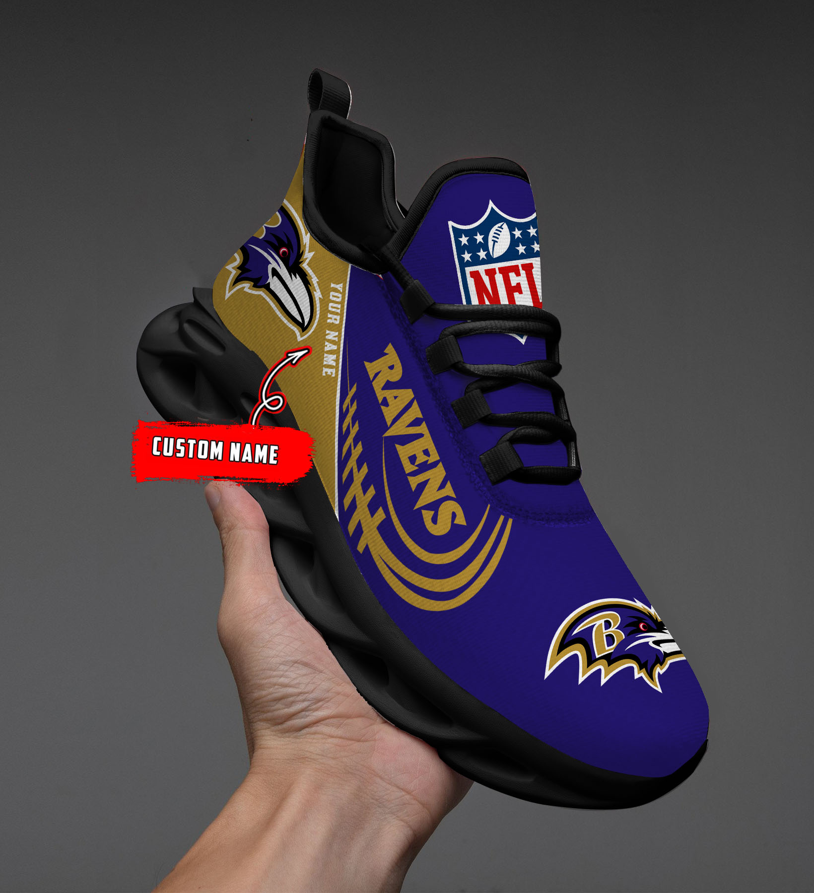 1 Custom Name   Baltimore Ravens   PERSONALIZED MAX SOUL SHOES T1