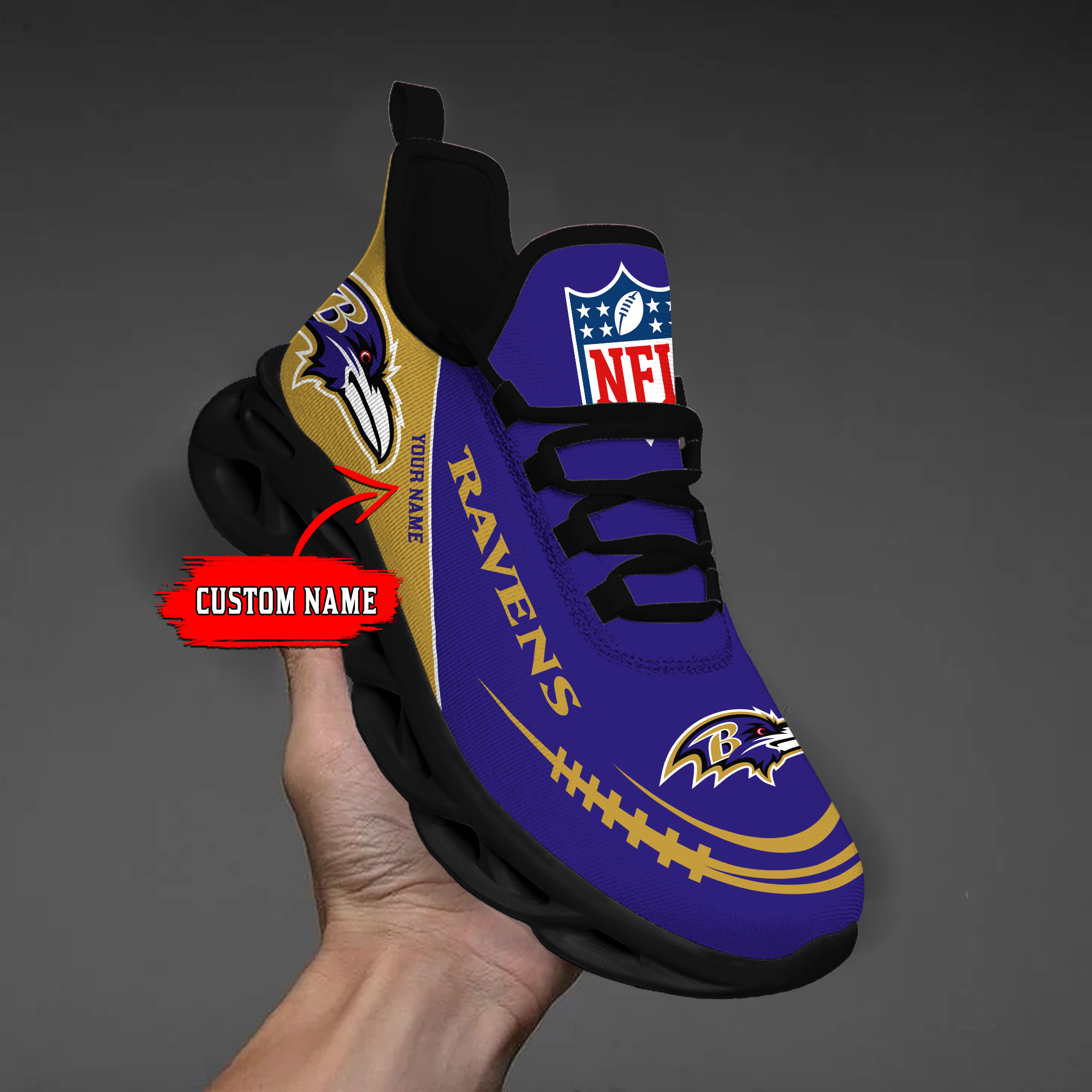 1 Custom Name   Baltimore Ravens   PERSONALIZED MAX SOUL SHOES T2