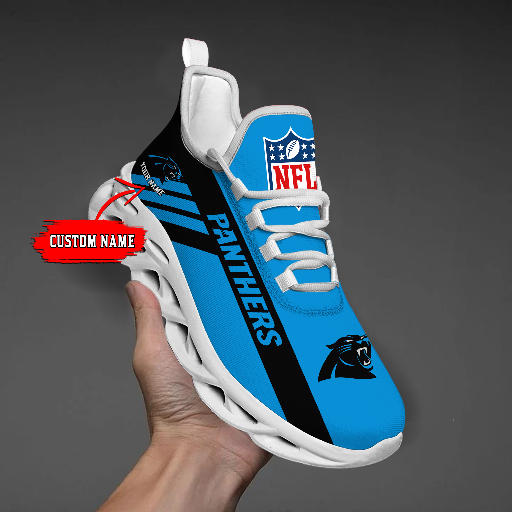 1 Custom Name   Carolina Panthers    PERSONALIZED MAX SOUL SHOES  T3