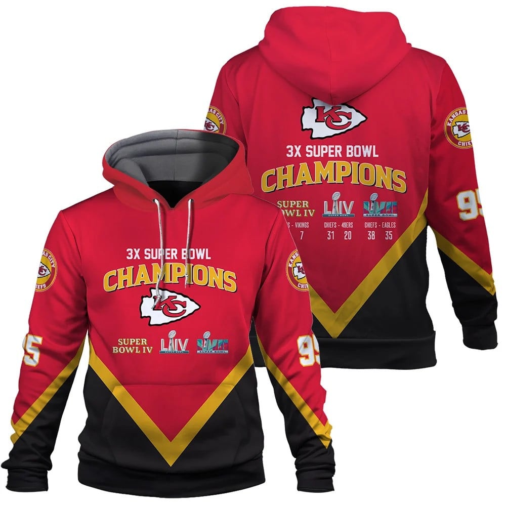 3X Super Bowl Champions Best Team Kansas City Chiefs Super Bowl Champion 2023 Unisex 3D Hoodie