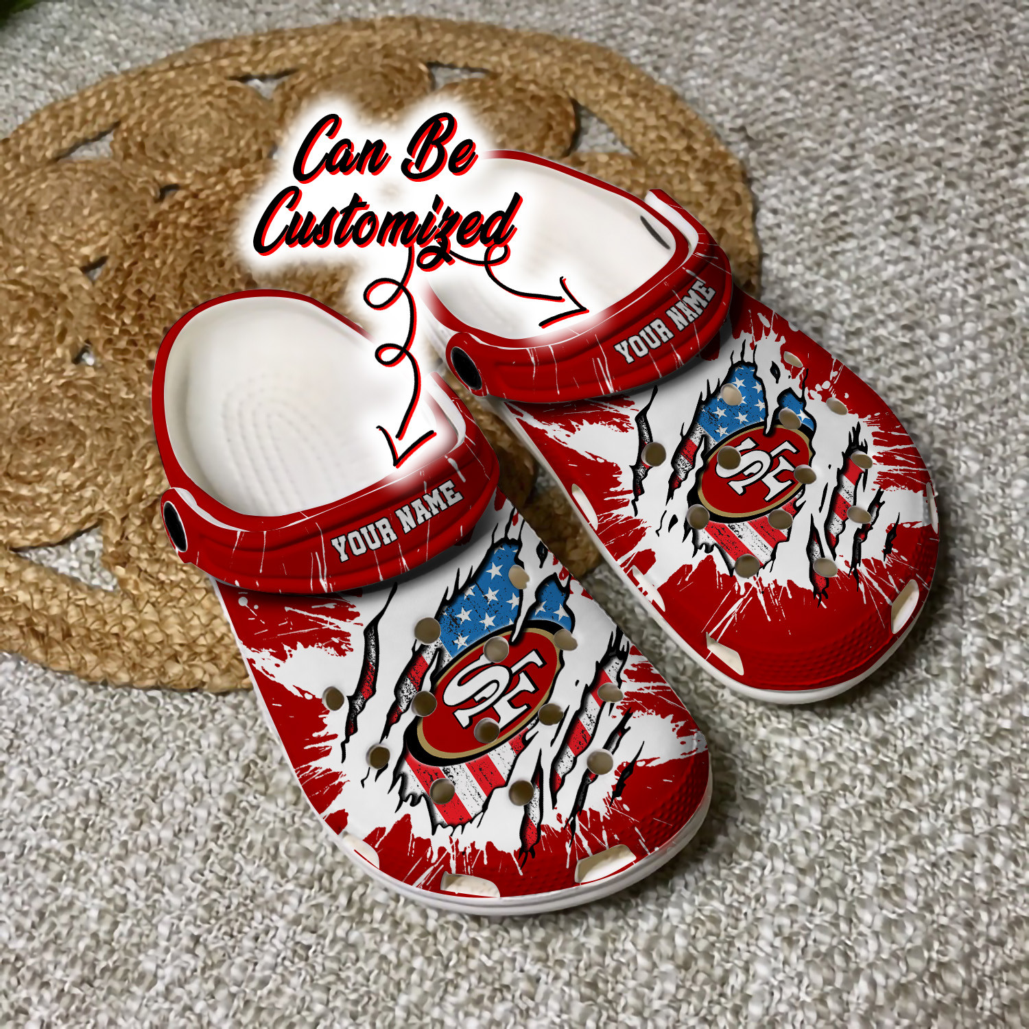 49ers Crocs - Personalized SF 49ers Football Ripped American Flag Clog