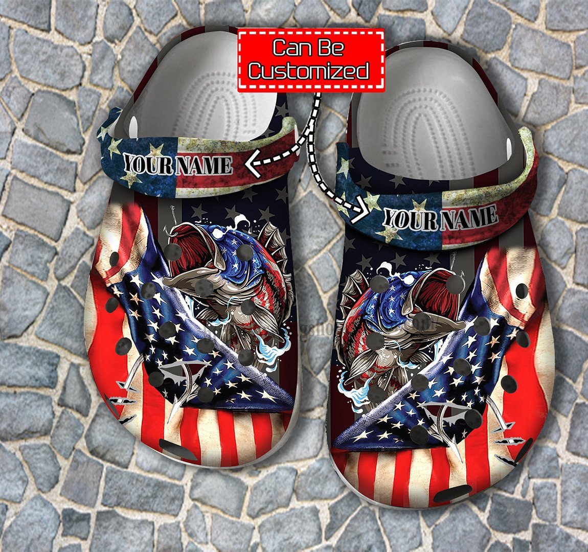 4Th Of July Bass Fishing Crocs For Men Father Day- Hook Bass Fishing Usa Flag Croc Clogs Customize