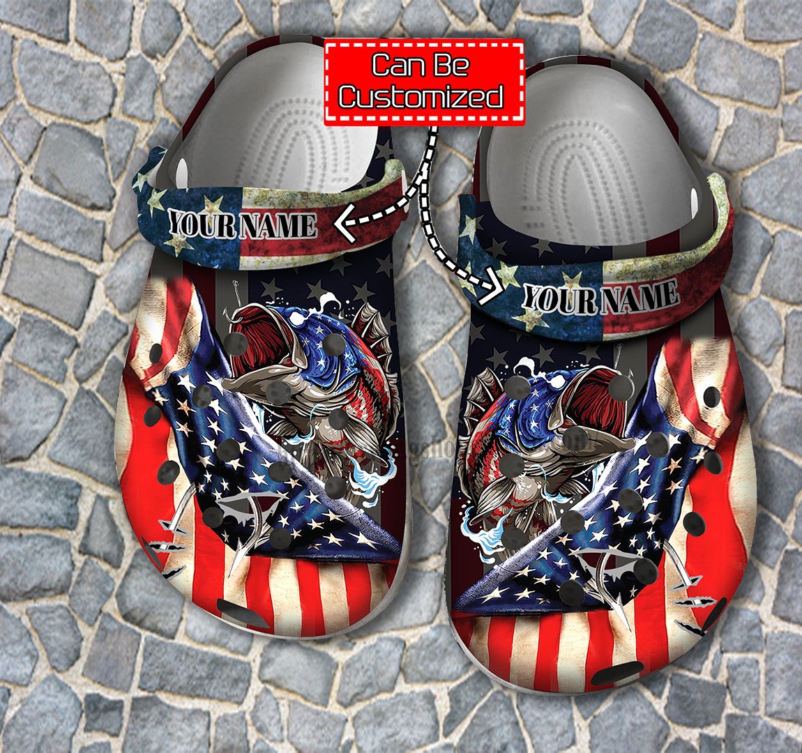 4Th Of July Gift Fishing Crocs For Men - Bass Fishing Usa Flag Croc Clogs Customize For Father Day- Cr-Ne0136