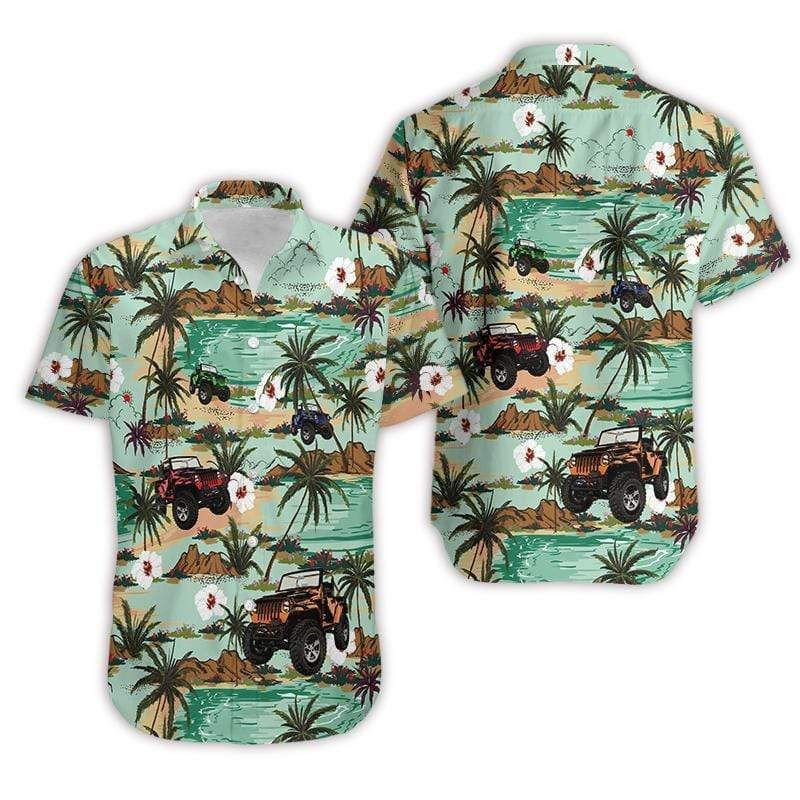 Awesome Jeep Tropical Green Brown Hawaiian Aloha Shirts