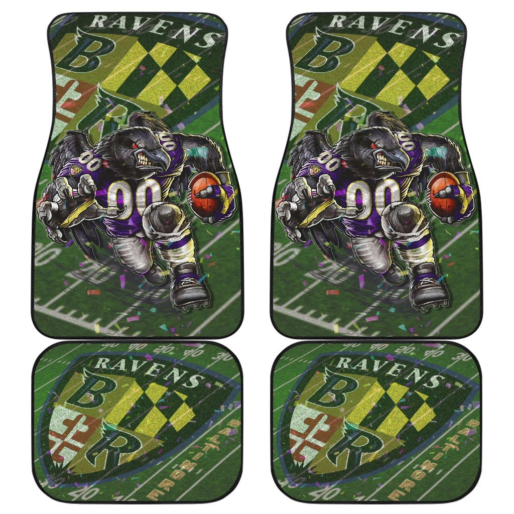 Baltimore Ravens  Team Car Floor Mats Angry Muscle Raven Holding Rugby Ball Running On Field Car Mats