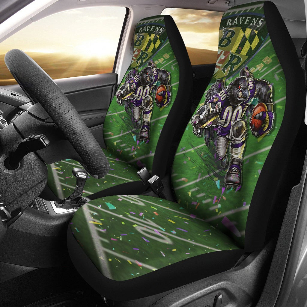 Baltimore Ravens  Team Car Seat Covers Angry Muscle Raven Holding Rugby Ball Running On Field Seat Covers