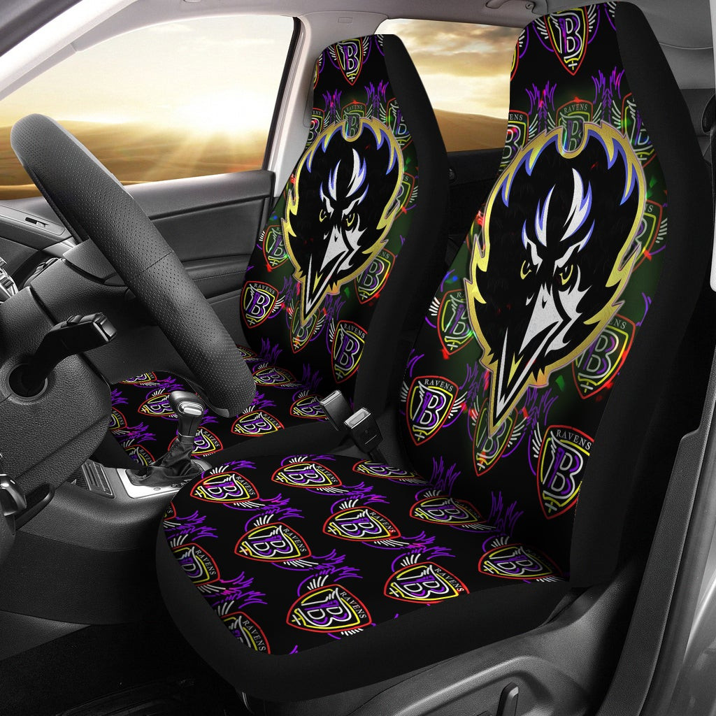 Baltimore Ravens  Team Car Seat Covers Raven Head In Black Fire B Wings Patterns Seat Covers