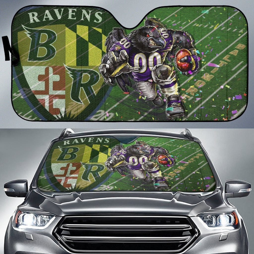 Baltimore Ravens  Team Car Sunshade Angry Muscle Raven Holding Rugby Ball Running On Field Sun Shade