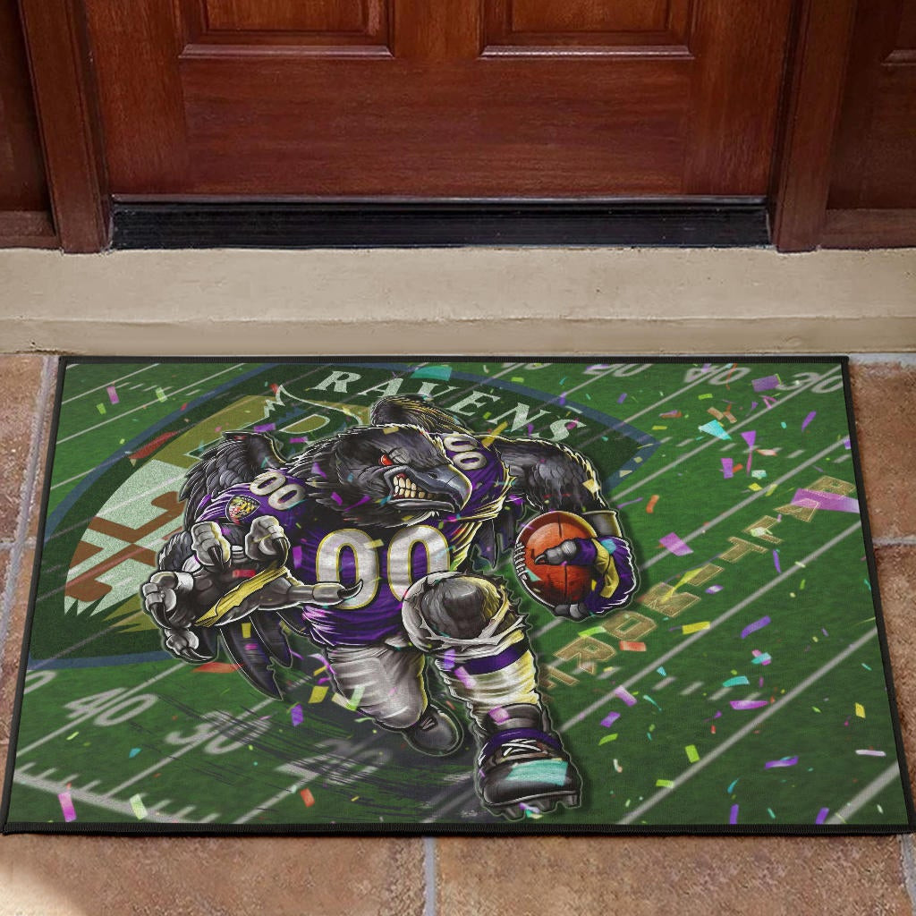 Baltimore Ravens  Team Door Mat Angry Muscle Raven Holding Rugby Ball Running On Field Door Mat