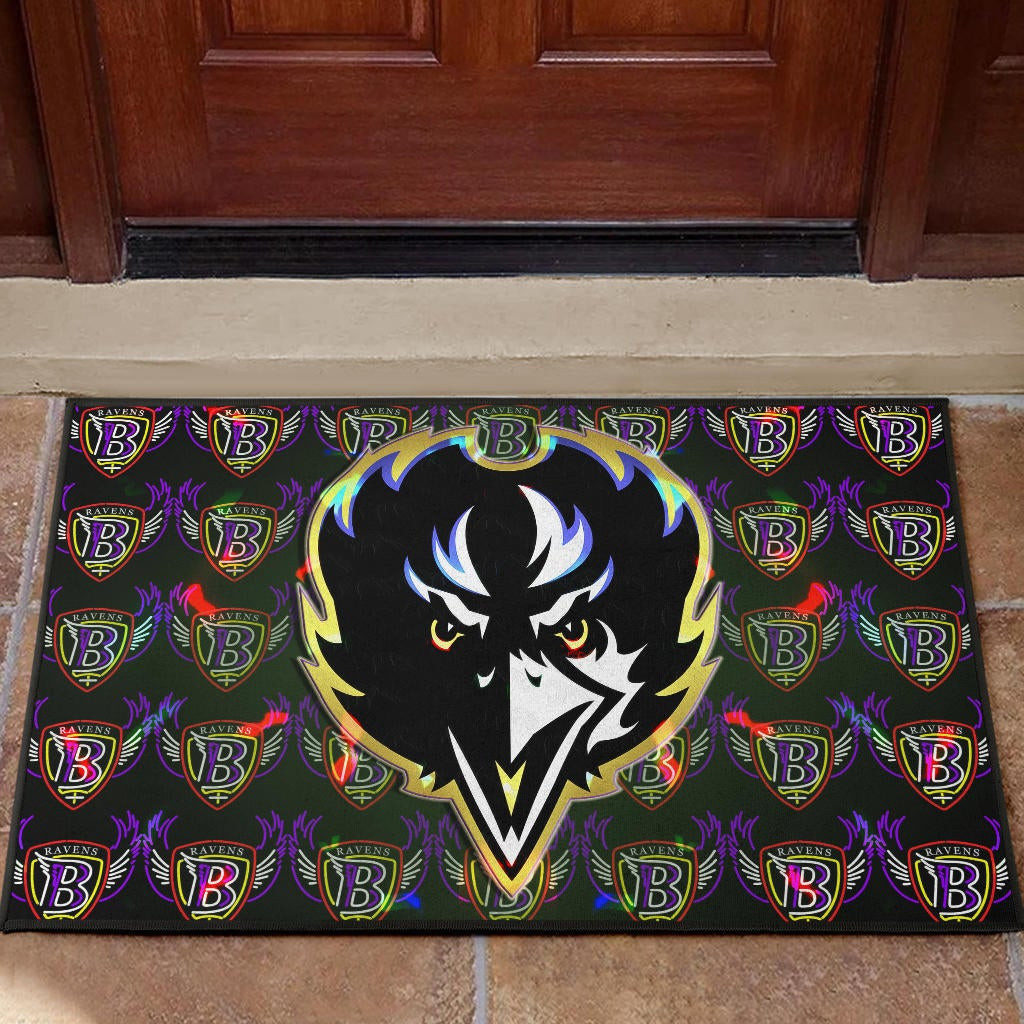 Baltimore Ravens  Team Door Mat Raven Head In Black Fire B Wings Patterns Door Mat