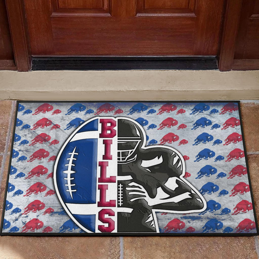 Buffalo Bills  Team Door Mat Human Shield With Rugby Ball Buffalo Silhouette Patterns Door Mat