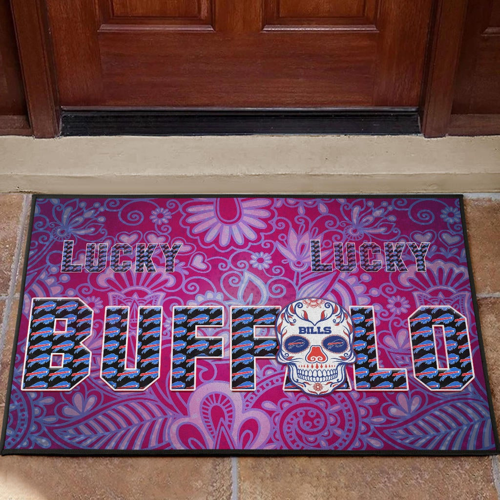 Buffalo Bills  Team Door Mat Lucky Buffalo With Tattooed Skull Floral Door Mat