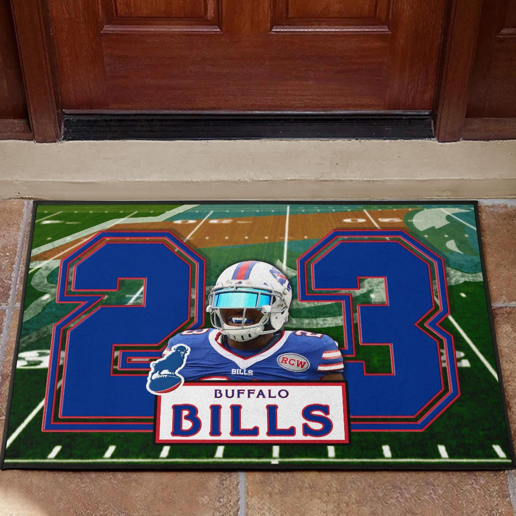 Buffalo Bills  Team Door Mat Micah Hyde 23 Smiling Buffalo On Rugby Yard Door Mat