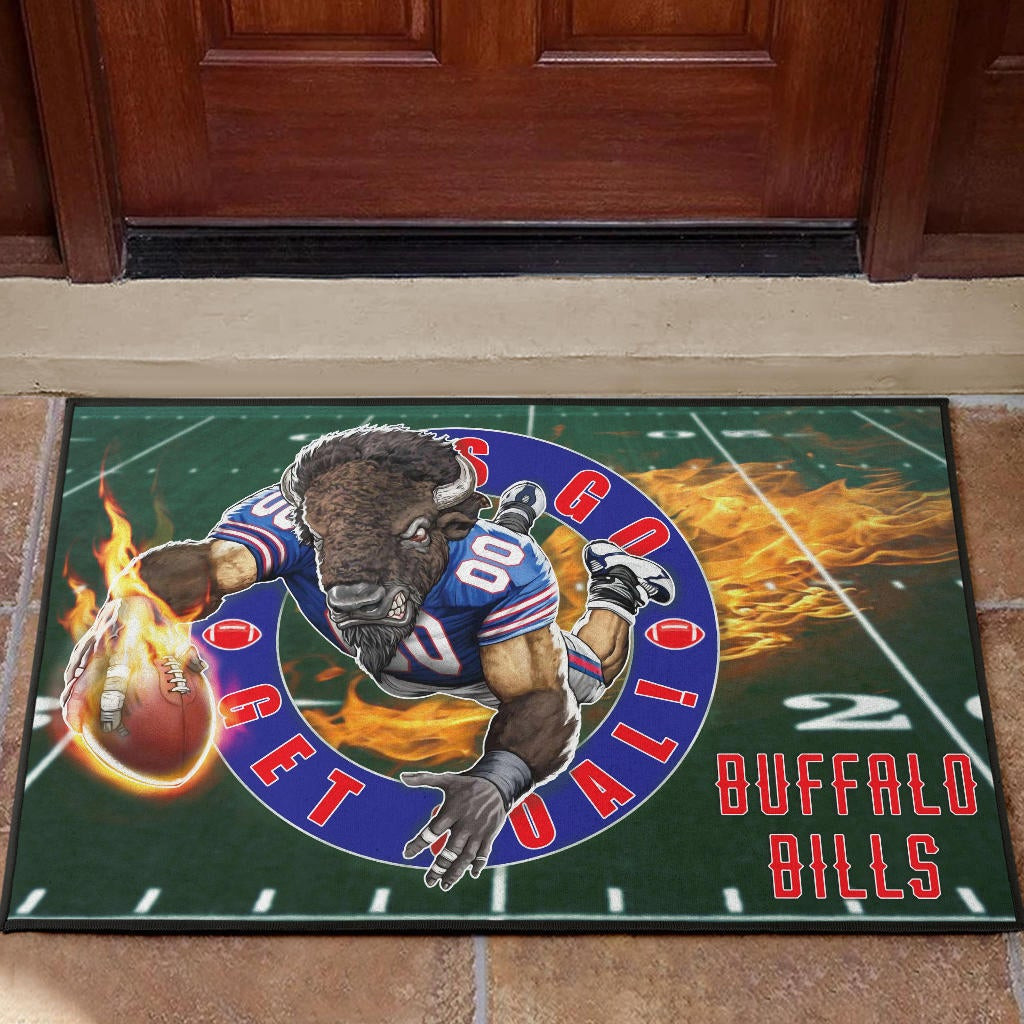 Buffalo Bills  Team Door Mat Player With Buffalo Head Holding Flaming Rugby Door Mat