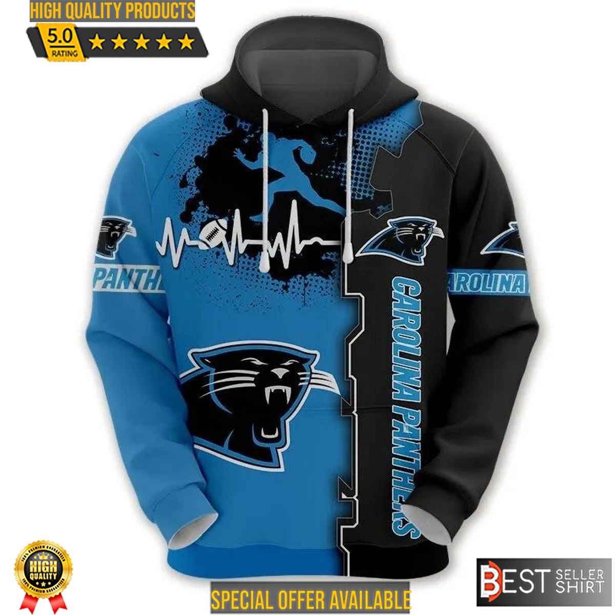 Carolina Panthers American Football 3D Hoodie Heartbeat 3D Sweatshirt