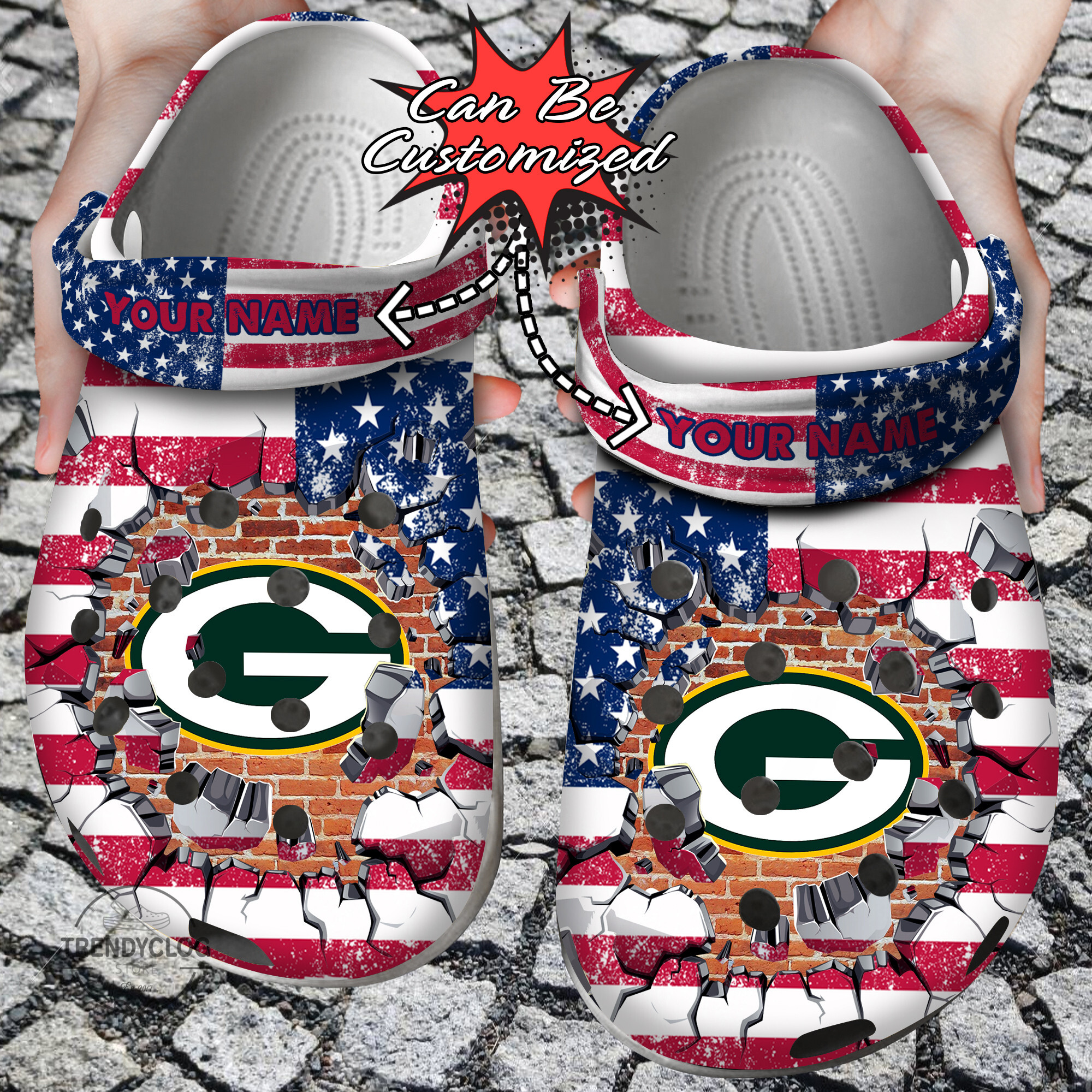 Football Crocs - Personalized G.Packers American Flag Breaking Wall Clog