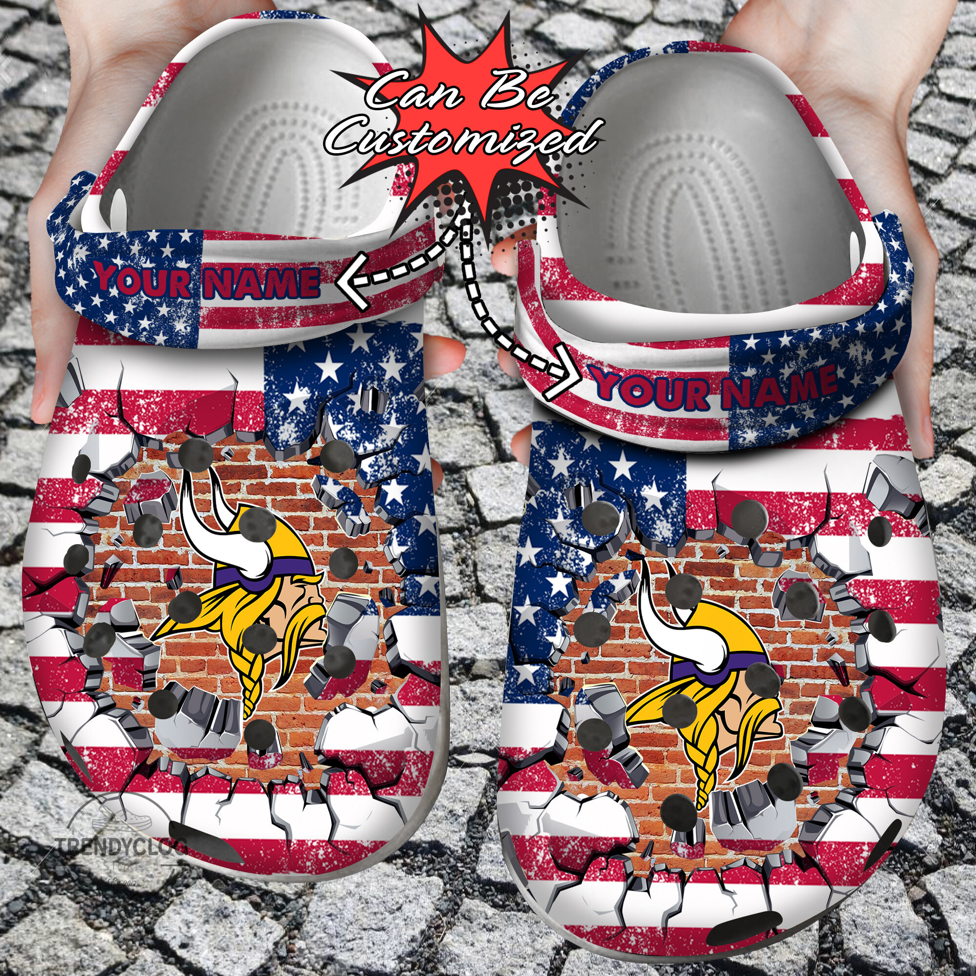 Football Crocs - Personalized M.Vikings American Flag Breaking Wall Clog