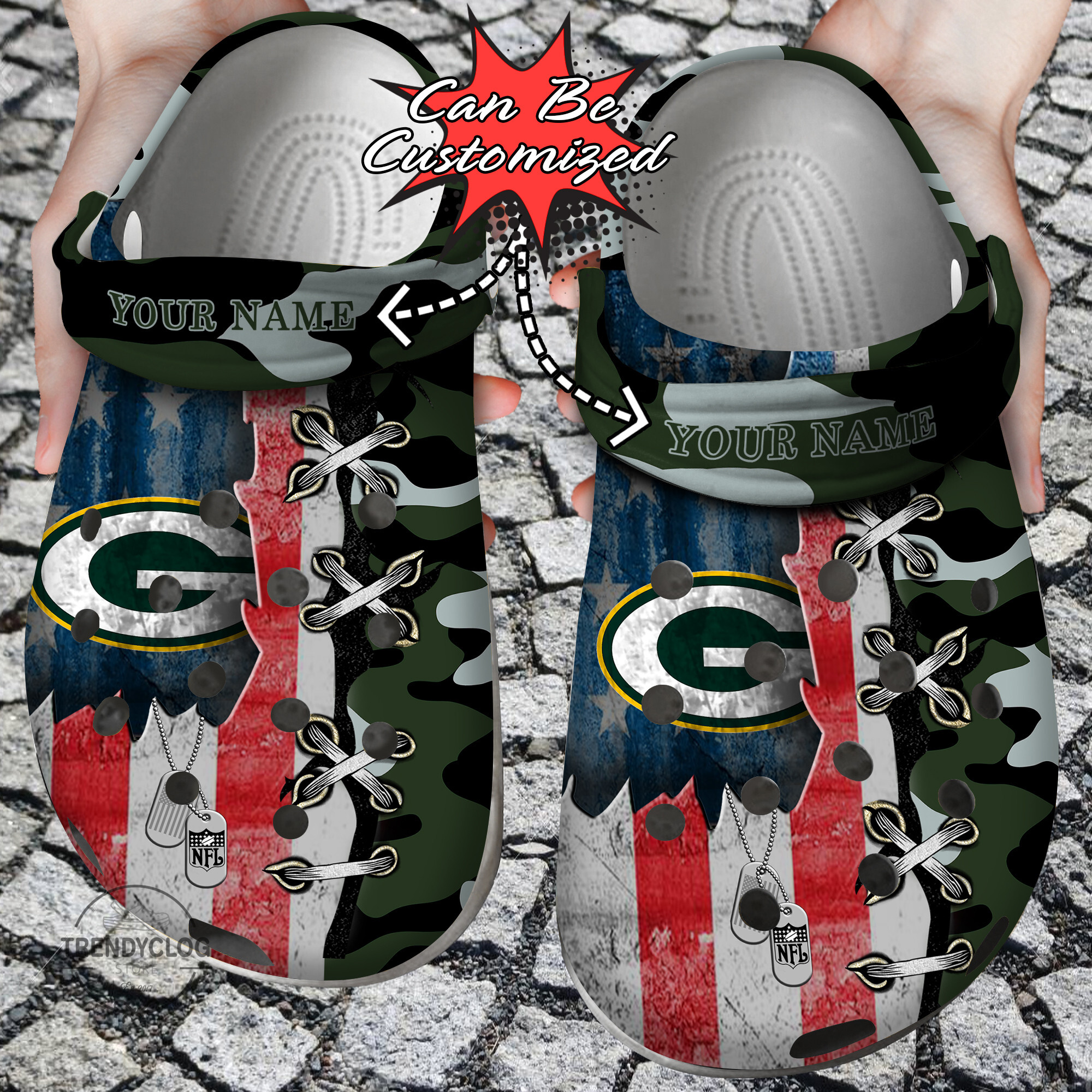 Football Crocs - Personalized Us Flag G.Packers Cross Stitch Camo Pattern Clog