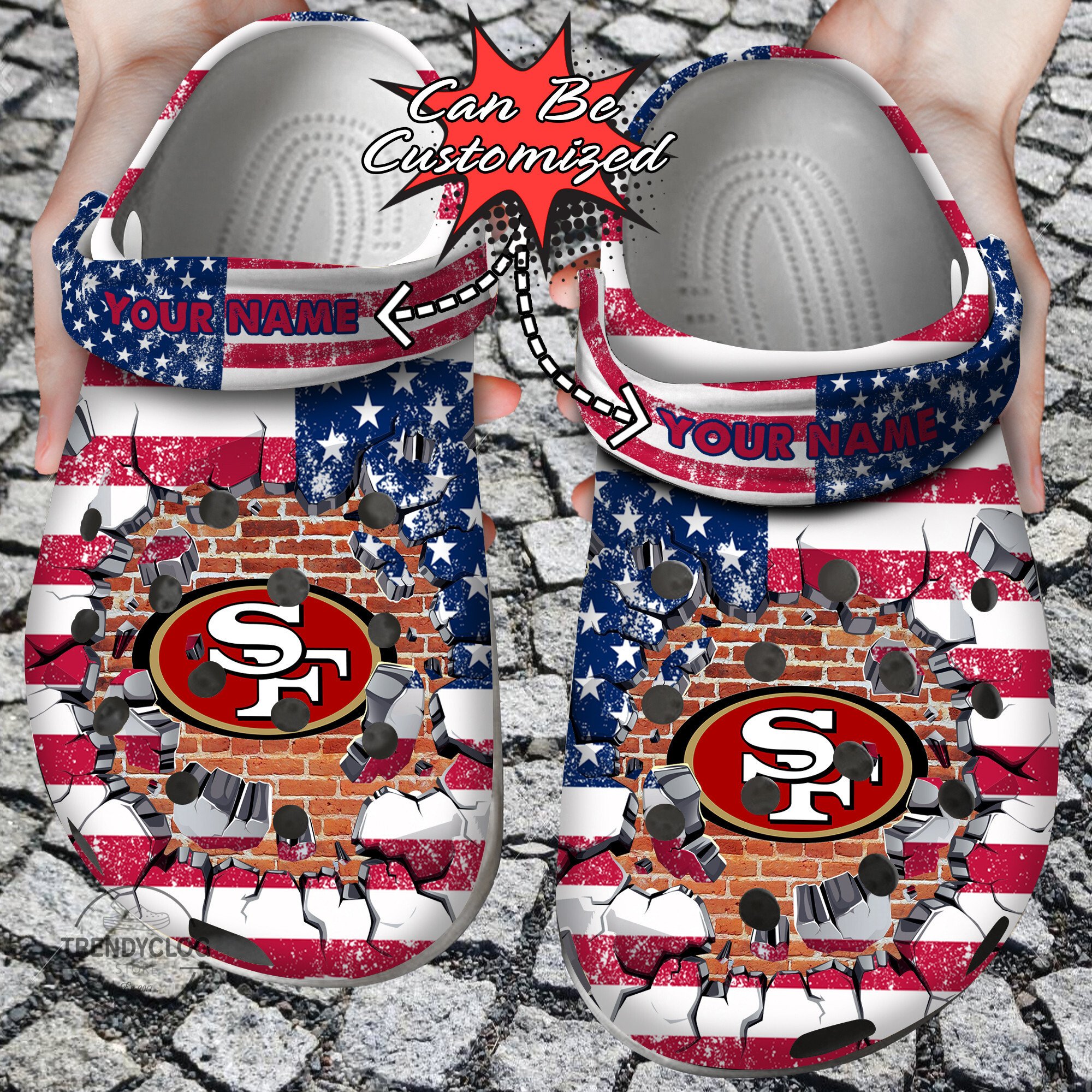 Football Crocs Personalized Sf 49Ers American Flag Breaking Wall Clog