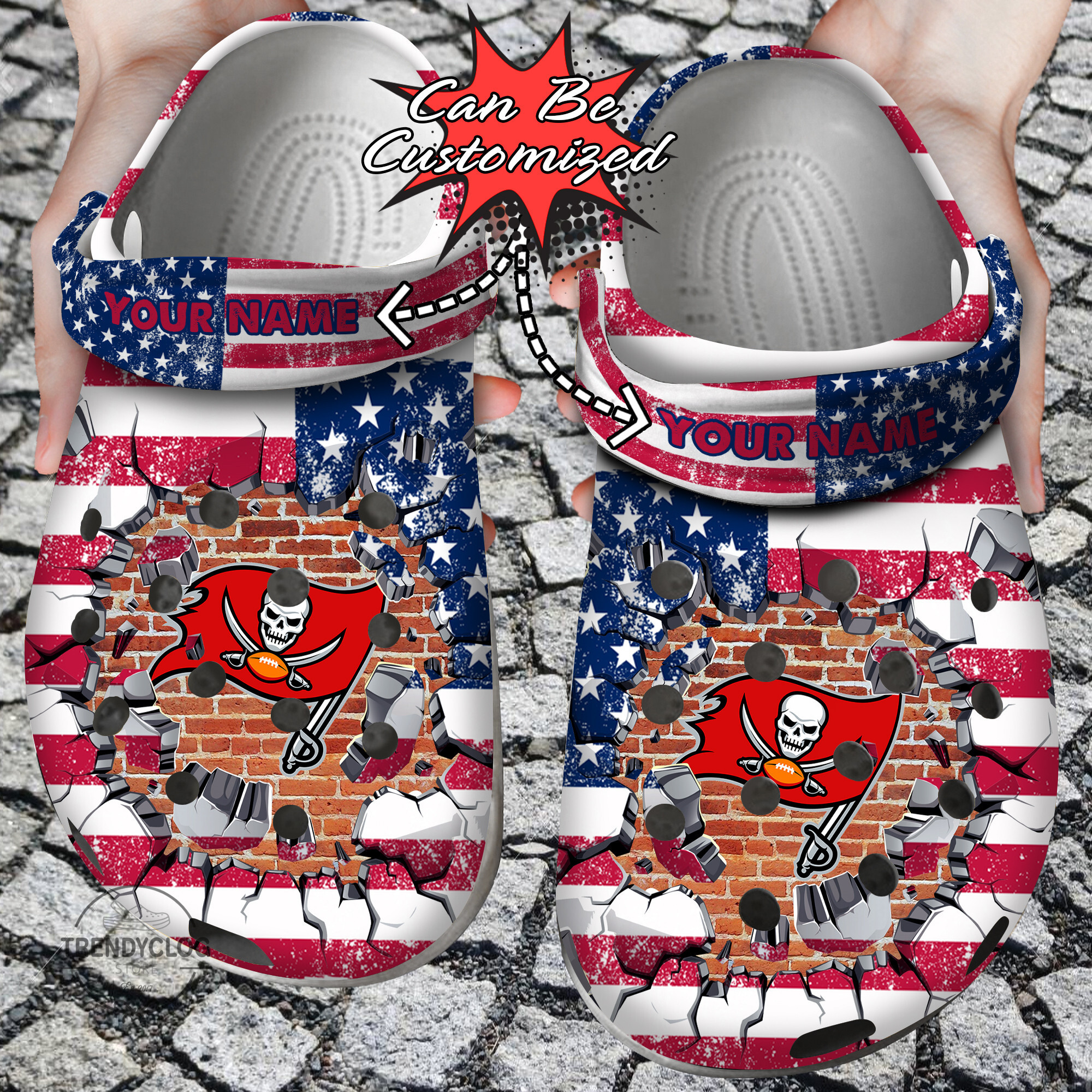 Football Crocs Personalized Tb Buccaneers American Flag Breaking Wall Clog