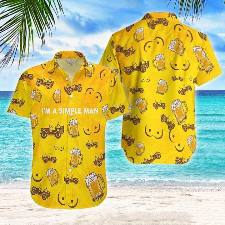 Funny A Simple Man Beer Jeep Yellow Tropical Aloha Hawaiian Shirt