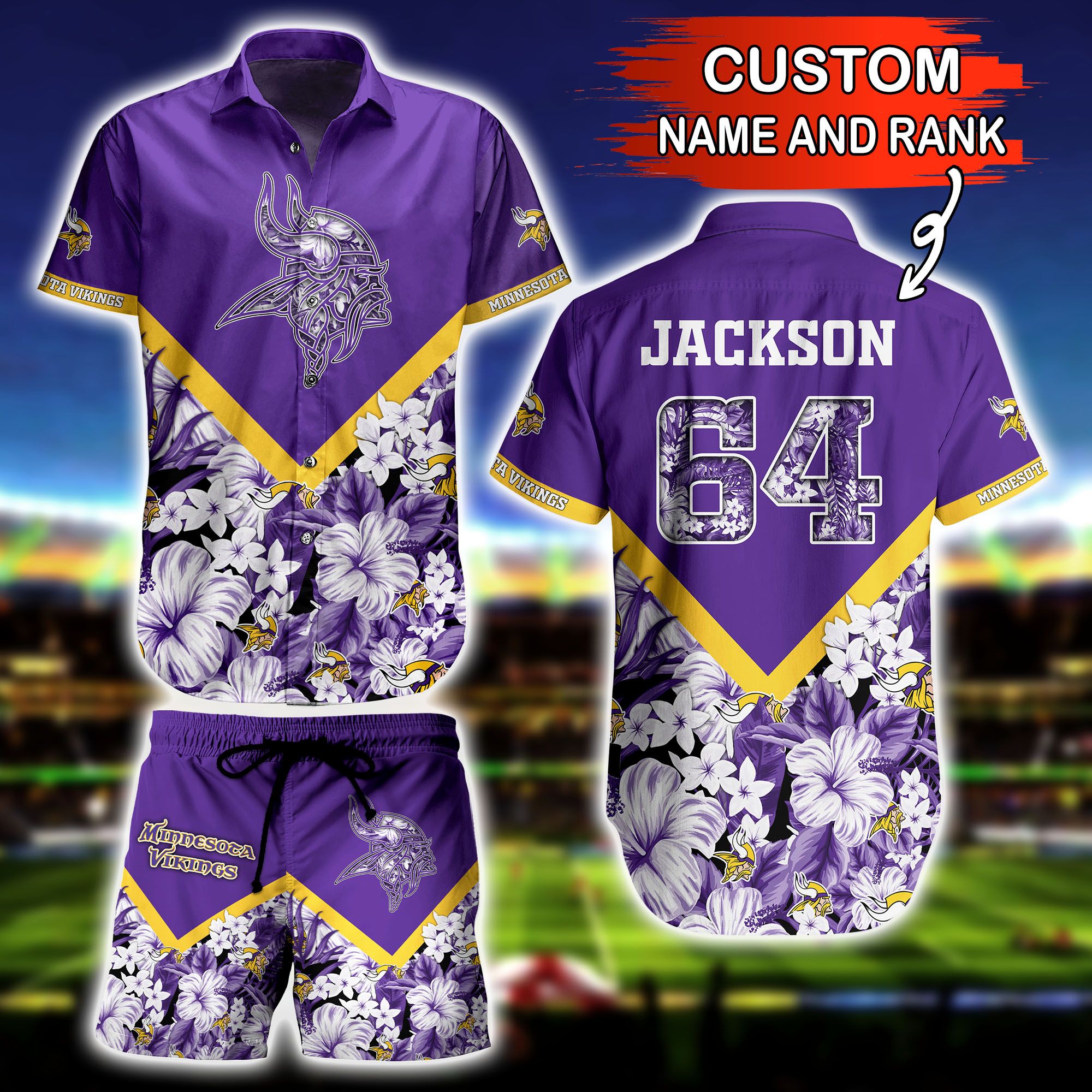 Hawaiian Shirt Minnesota Vikings and Short Floral 3D Custom Name Number