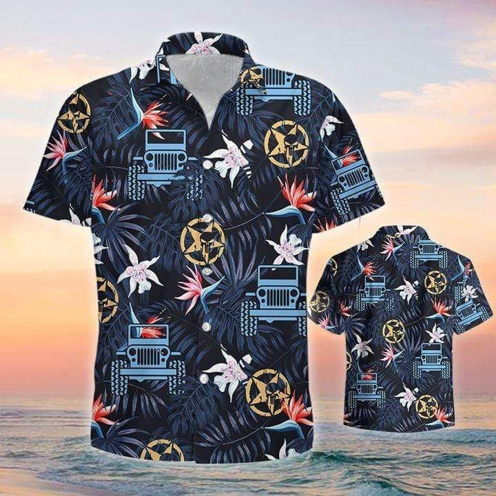 Jeep Car Star Navy Black Tropical Aloha Hawaiian Shirts