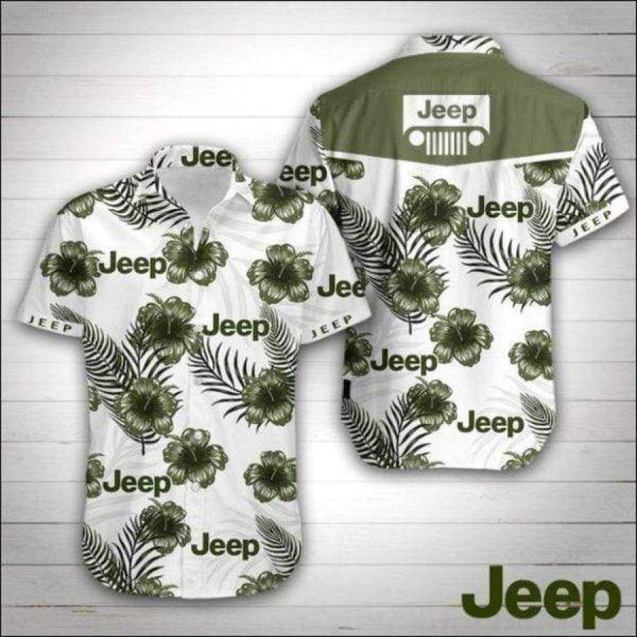 Jeep Green Hibiscus White Unisex Hawaiian Aloha Shirts